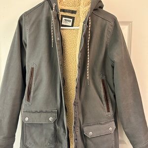 Gray, mountsin khaki, Sherpa lined barn coat.